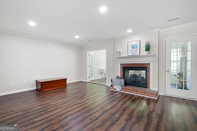 1223 Whitlock Ridge Dr SW, Marietta, GA 30064 - unfurnished living room with dark wood-style flooring, ornamental molding, a fireplace, and recessed lighting
