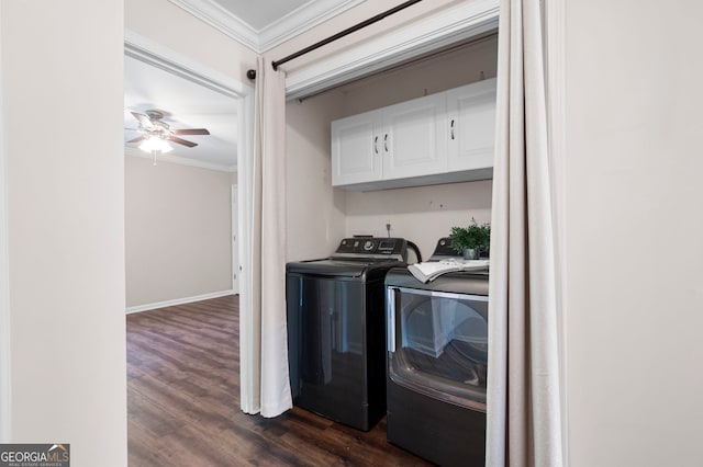 1223 Whitlock Ridge Dr SW, Marietta, GA 30064 - laundry area featuring crown molding, washer and clothes dryer, dark wood-style flooring, ceiling fan, and cabinet space