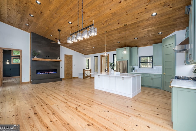 221 Goldmine Rd, Morganton, GA 30560 - kitchen featuring open floor plan, wood ceiling, high end refrigerator, light wood-type flooring, and light countertops