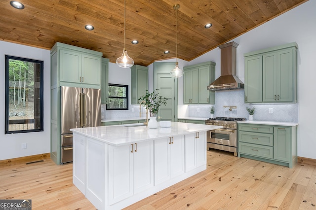 221 Goldmine Rd, Morganton, GA 30560 - kitchen with high end appliances, green cabinetry, wall chimney range hood, wooden ceiling, and light wood finished floors