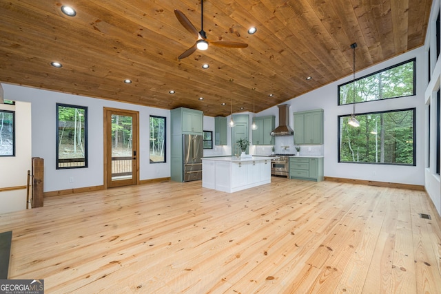 221 Goldmine Rd, Morganton, GA 30560 - kitchen with wall chimney range hood, premium appliances, light wood finished floors, wood ceiling, and light countertops