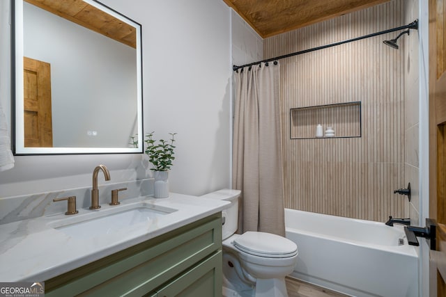 221 Goldmine Rd, Morganton, GA 30560 - bathroom featuring vanity, toilet, shower / bathtub combination with curtain, and wood finished floors