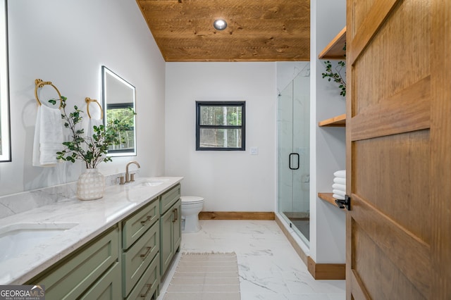 221 Goldmine Rd, Morganton, GA 30560 - bathroom with marble finish flooring, double vanity, toilet, a shower stall, and wooden ceiling