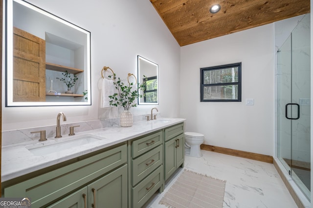 221 Goldmine Rd, Morganton, GA 30560 - full bath with marble look tile flooring, wood ceiling, double vanity, a stall shower, and toilet