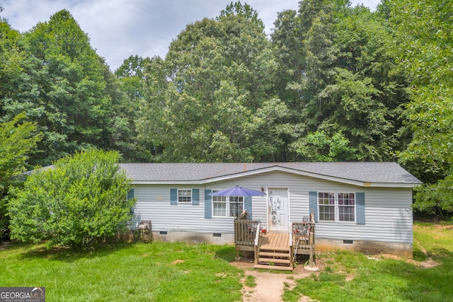 3085 Pea Ridge Rd, Cornelia, GA 30531 - view of front of house with crawl space, a deck, a front lawn, and roof with shingles