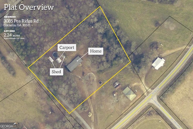 3085 Pea Ridge Rd, Cornelia, GA 30531 - aerial view of property's location featuring property boundaries highlighted