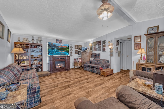 3085 Pea Ridge Rd, Cornelia, GA 30531 - living room with a textured ceiling, wood finished floors, a ceiling fan, and a glass covered fireplace