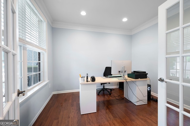 130 Bevington Ln, Woodstock, GA 30188 - office space with healthy amount of natural light, french doors, ornamental molding, dark wood-style flooring, and baseboards