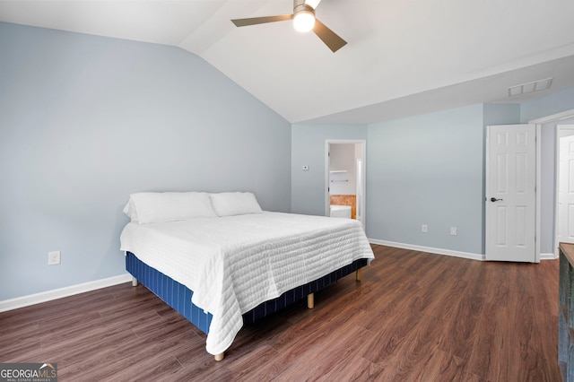 130 Bevington Ln, Woodstock, GA 30188 - bedroom with lofted ceiling, baseboards, wood finished floors, a ceiling fan, and ensuite bathroom