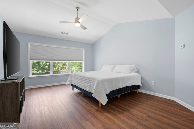 130 Bevington Ln, Woodstock, GA 30188 - bedroom featuring vaulted ceiling, dark wood finished floors, baseboards, and ceiling fan