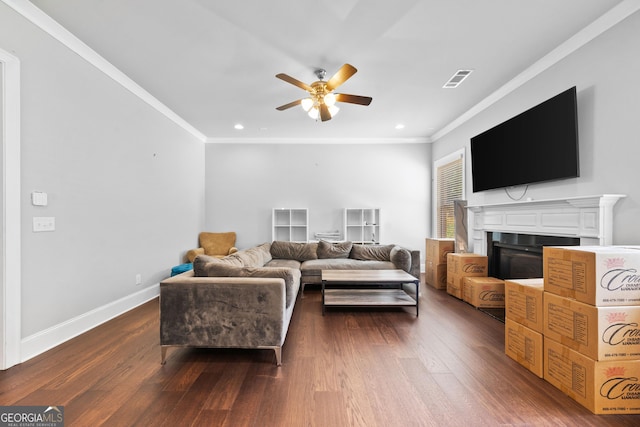 132 Shellbark Dr, Mcdonough, GA 30252 - living room featuring a ceiling fan, crown molding, dark wood-style floors, a fireplace, and recessed lighting