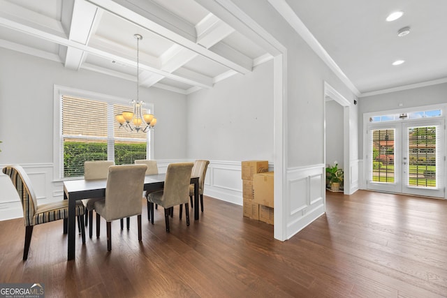 132 Shellbark Dr, Mcdonough, GA 30252 - dining room featuring beamed ceiling, a chandelier, dark wood-type flooring, recessed lighting, and french doors