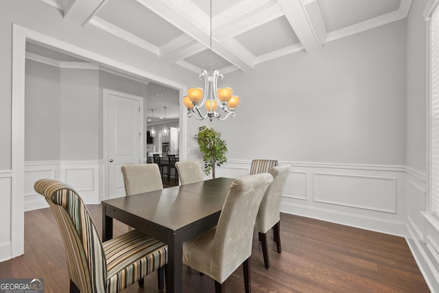 132 Shellbark Dr, Mcdonough, GA 30252 - dining area with coffered ceiling, a chandelier, beam ceiling, a decorative wall, and dark wood finished floors