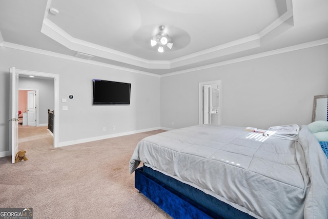 132 Shellbark Dr, Mcdonough, GA 30252 - bedroom with a raised ceiling, ornamental molding, carpet flooring, and ceiling fan
