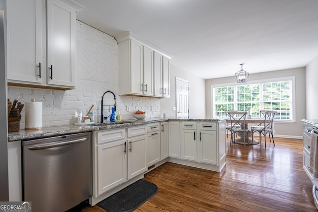 520 Campbell Rd, Cedartown, GA 30125 - kitchen featuring dishwasher, a sink, dark wood-style flooring, decorative backsplash, and white cabinets
