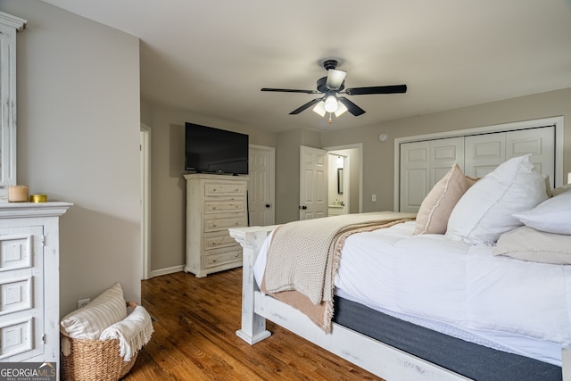 520 Campbell Rd, Cedartown, GA 30125 - bedroom featuring wood finished floors, baseboards, ceiling fan, and ensuite bath