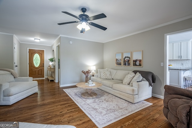 520 Campbell Rd, Cedartown, GA 30125 - living room with a ceiling fan, dark wood finished floors, baseboards, and crown molding