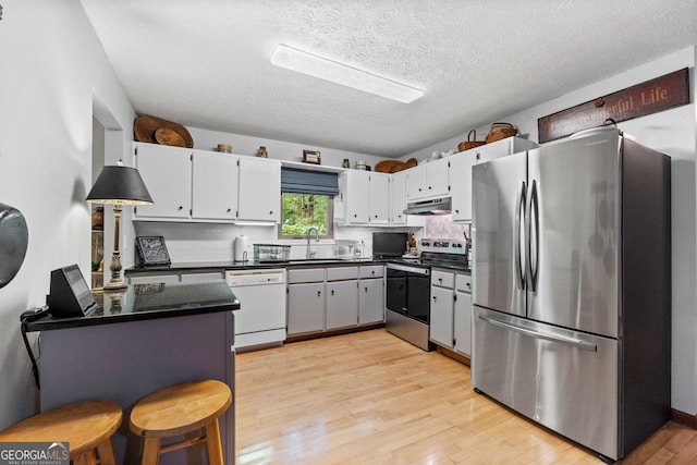 349 Campground Rd, Mcdonough, GA 30253 - kitchen with appliances with stainless steel finishes, under cabinet range hood, dark countertops, light wood finished floors, and a textured ceiling