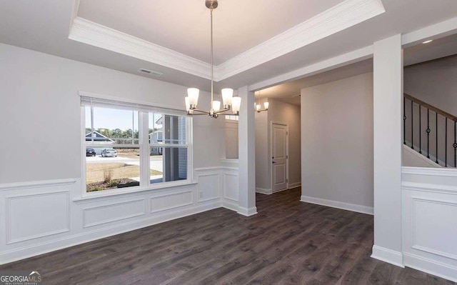 653 Forest Way, Cornelia, GA 30531 - unfurnished dining area with a chandelier, ornamental molding, dark wood finished floors, stairs, and a decorative wall