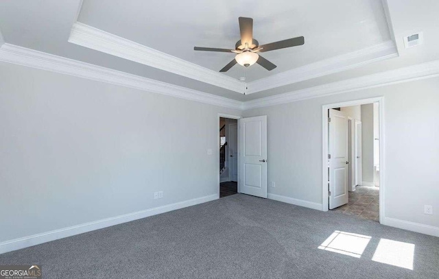 653 Forest Way, Cornelia, GA 30531 - unfurnished bedroom with a tray ceiling, crown molding, carpet floors, baseboards, and a ceiling fan