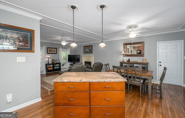 724 Fish Cove Rd, Blairsville, GA 30512 - kitchen featuring a ceiling fan, hardwood / wood-style flooring, crown molding, a fireplace, and decorative light fixtures