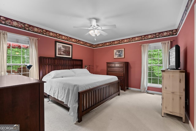 724 Fish Cove Rd, Blairsville, GA 30512 - bedroom featuring light carpet, ornamental molding, baseboards, and ceiling fan