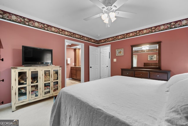724 Fish Cove Rd, Blairsville, GA 30512 - bedroom with ornamental molding, light carpet, ensuite bathroom, ceiling fan, and baseboards