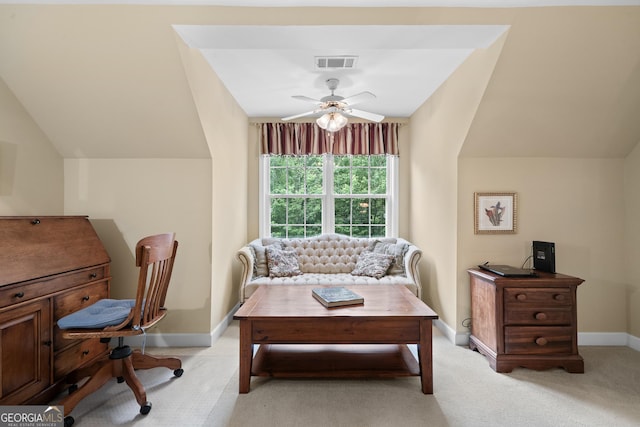 724 Fish Cove Rd, Blairsville, GA 30512 - office area featuring lofted ceiling, light carpet, a ceiling fan, and baseboards