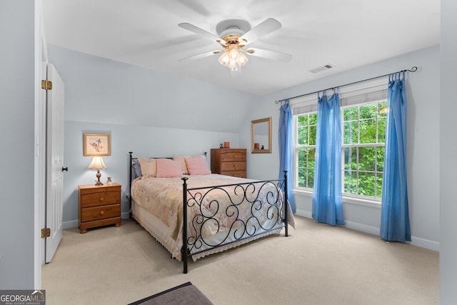 724 Fish Cove Rd, Blairsville, GA 30512 - carpeted bedroom with baseboards, vaulted ceiling, and ceiling fan