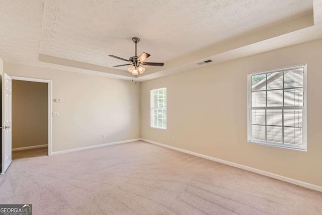 484 Cathedral Dr, Mcdonough, GA 30253 - spare room with a tray ceiling, a textured ceiling, ceiling fan, baseboards, and light colored carpet