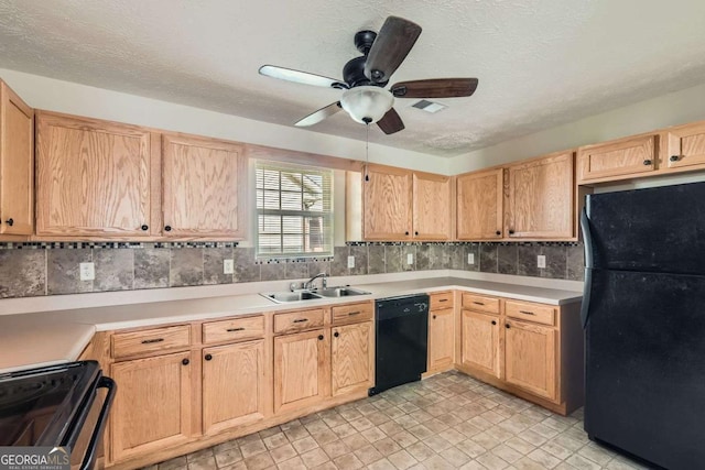 484 Cathedral Dr, Mcdonough, GA 30253 - kitchen with black appliances, a sink, a ceiling fan, light countertops, and a textured ceiling