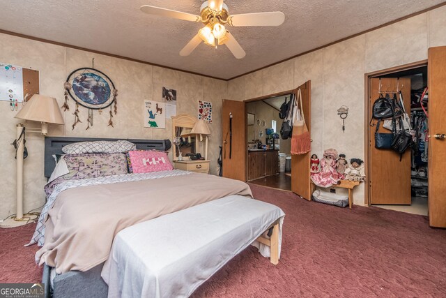 206 Briar Creek Way, Lizella, GA 31052 - bedroom featuring a textured ceiling, carpet floors, a ceiling fan, and ornamental molding