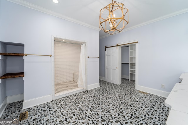 805 S Lee St, Fitzgerald, GA 31750 - full bathroom with a stall shower, baseboards, ornamental molding, a chandelier, and tile patterned floors