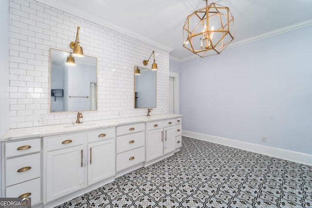 805 S Lee St, Fitzgerald, GA 31750 - full bath with crown molding, double vanity, backsplash, a chandelier, and tile patterned floors