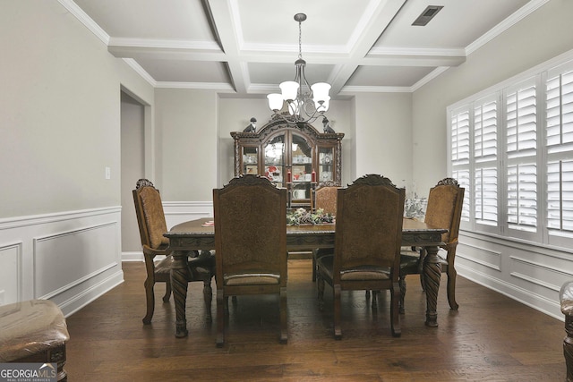 97 Senoya Ln, Senoia, GA 30276 - dining area with a chandelier, wood finished floors, beamed ceiling, coffered ceiling, and a wainscoted wall