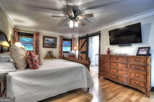 123 Old Fjord Rd, Blue Ridge, GA 30513 - bedroom with light wood-type flooring, ceiling fan, and ornamental molding
