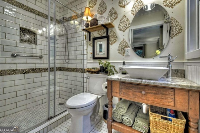 123 Old Fjord Rd, Blue Ridge, GA 30513 - full bathroom featuring toilet, a stall shower, vanity, and wainscoting
