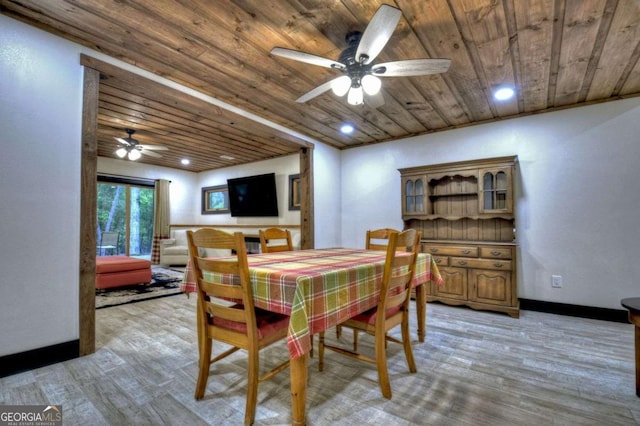 123 Old Fjord Rd, Blue Ridge, GA 30513 - dining area with wood ceiling, a ceiling fan, light wood-style floors, recessed lighting, and baseboards