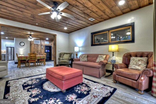 123 Old Fjord Rd, Blue Ridge, GA 30513 - living area featuring ceiling fan, wood ceiling, wood finished floors, and recessed lighting