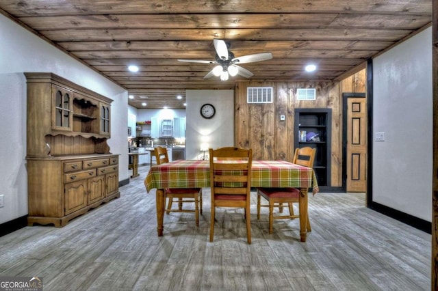 123 Old Fjord Rd, Blue Ridge, GA 30513 - dining area featuring light wood-type flooring, ceiling fan, wood ceiling, baseboards, and recessed lighting