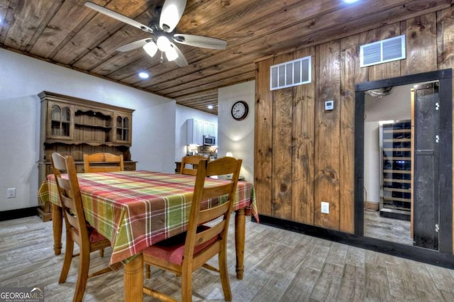 123 Old Fjord Rd, Blue Ridge, GA 30513 - dining room featuring wood ceiling, wood finished floors, a ceiling fan, baseboards, and wooden walls