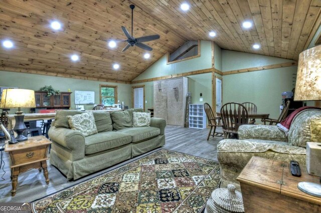 123 Old Fjord Rd, Blue Ridge, GA 30513 - living room featuring ceiling fan, high vaulted ceiling, recessed lighting, wood finished floors, and wooden ceiling