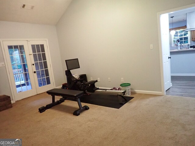 185 Kinards Mill Rd, Jackson, GA 30233 - workout room featuring french doors, carpet flooring, and lofted ceiling