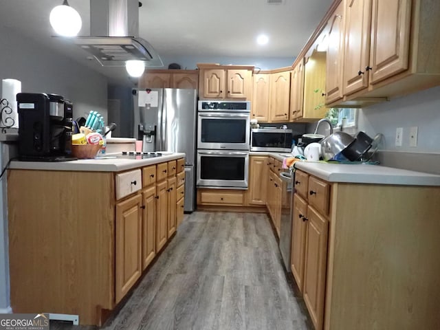 185 Kinards Mill Rd, Jackson, GA 30233 - kitchen featuring stainless steel appliances, exhaust hood, light wood-style flooring, light countertops, and light brown cabinets