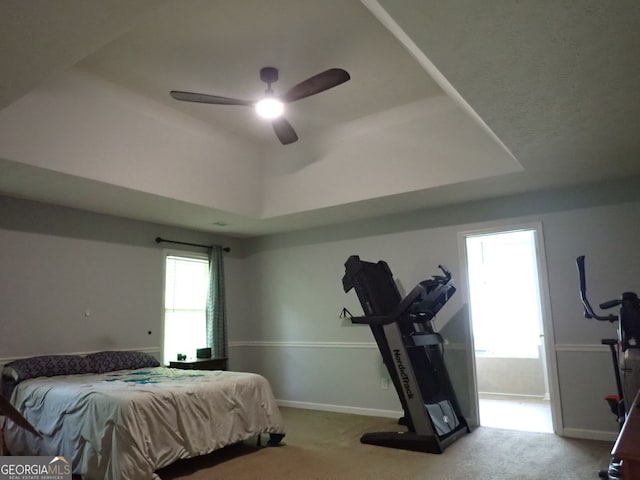 185 Kinards Mill Rd, Jackson, GA 30233 - bedroom featuring carpet floors, a tray ceiling, and a ceiling fan