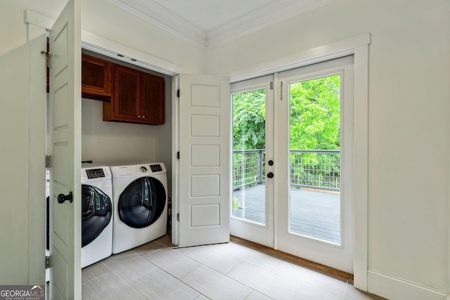 148 Jackson St, Newnan, GA 30263 - laundry room featuring ornamental molding, cabinet space, plenty of natural light, washer and dryer, and french doors