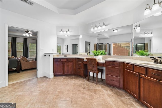 910 Ovalene Ln SW, Marietta, GA 30064 - full bathroom with ensuite bath, vanity, a shower stall, a ceiling fan, and tile patterned floors