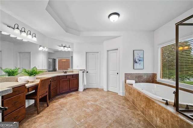 910 Ovalene Ln SW, Marietta, GA 30064 - full bathroom featuring vanity, a bath, tile patterned floors, and a shower with door
