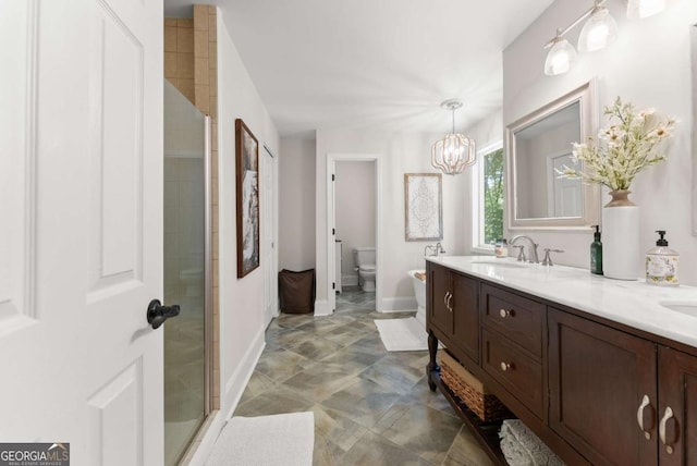 3652 Shady Oak Trl, Gainesville, GA 30506 - full bath with double vanity, a stall shower, a chandelier, and a bidet