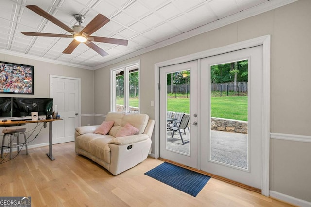 9701 Buice Rd, Alpharetta, GA 30022 - doorway with french doors, light wood-style flooring, ornamental molding, a ceiling fan, and baseboards